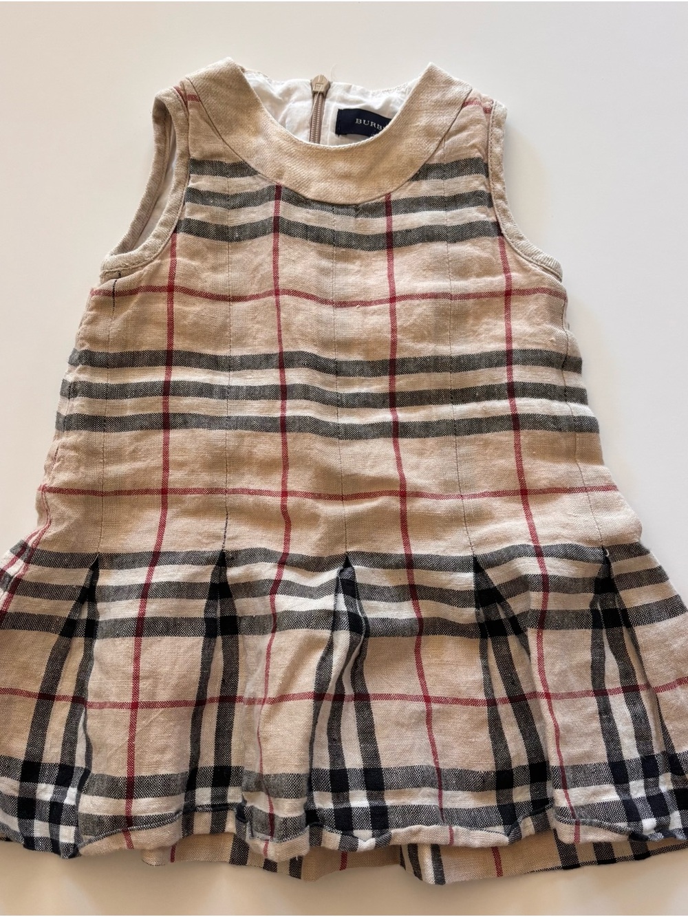 Burberry Beige Plaid Sleeveless Pleated Dress with Black and Red Check